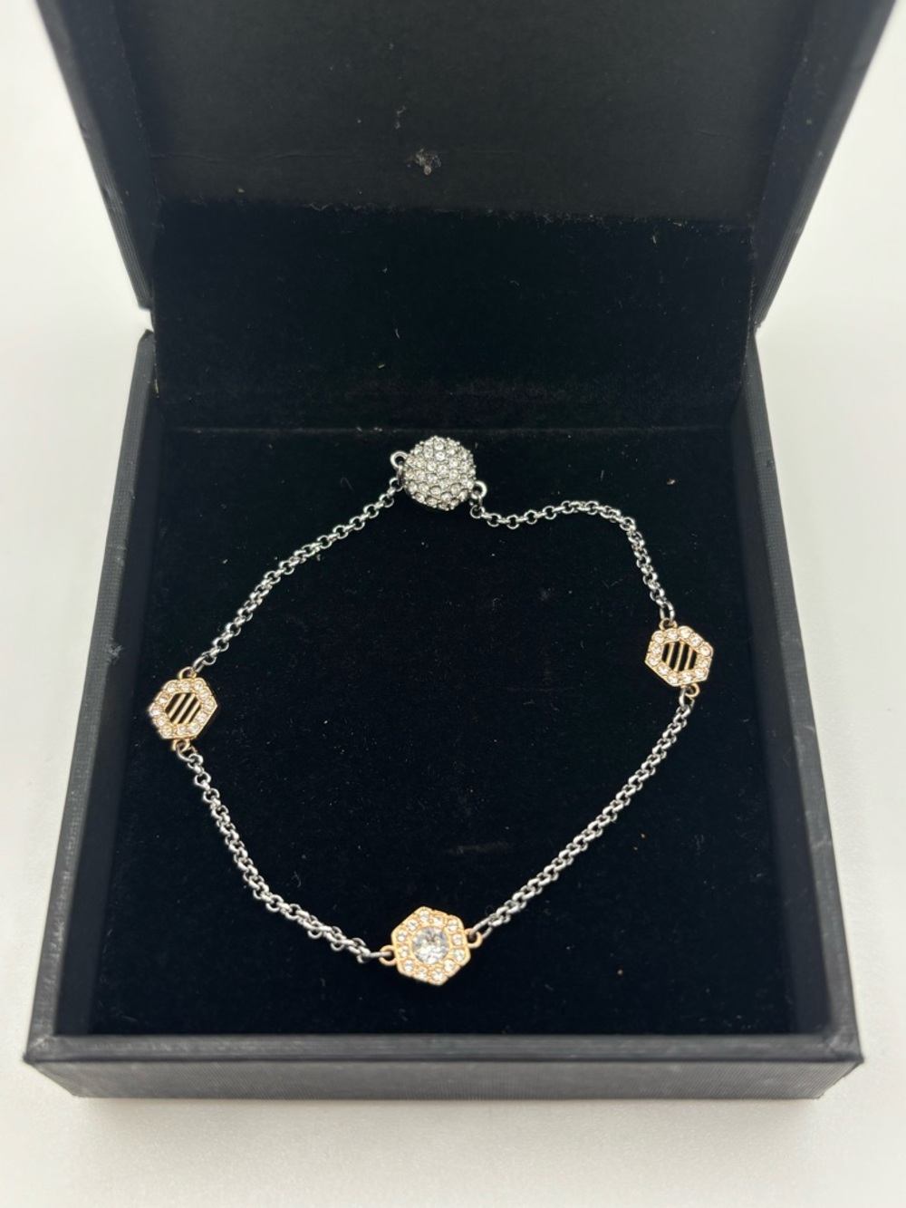 Swarovski Two-Tone Silver Chain Bracelet with Gold Hexagon Crystal Accents